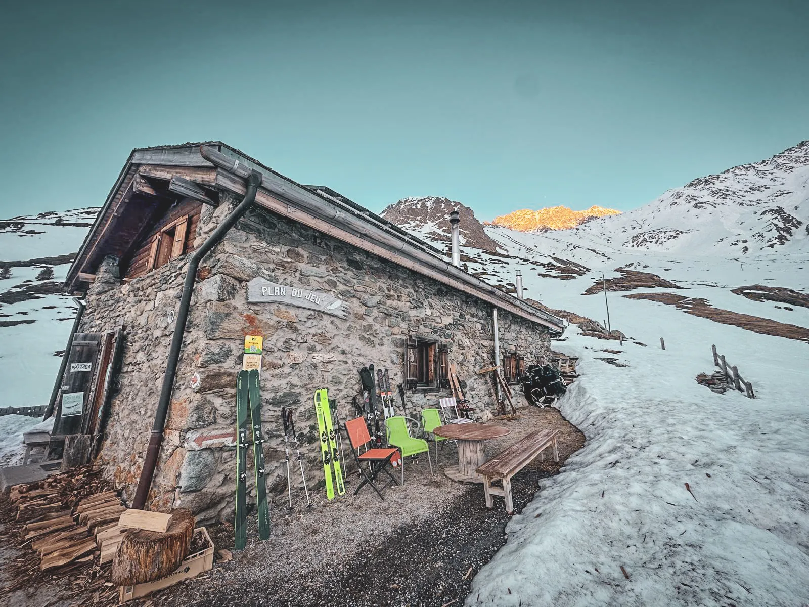 Stone hut at the Great St Bernard Pass surrounded by snow