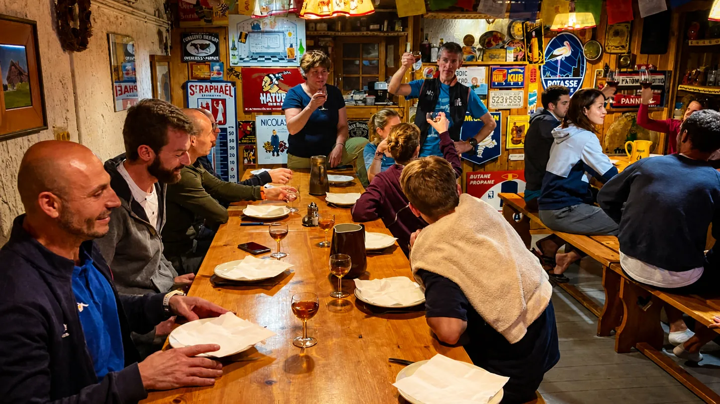 A friendly group around a wooden table, sharing drinks after an outdoor adventure.