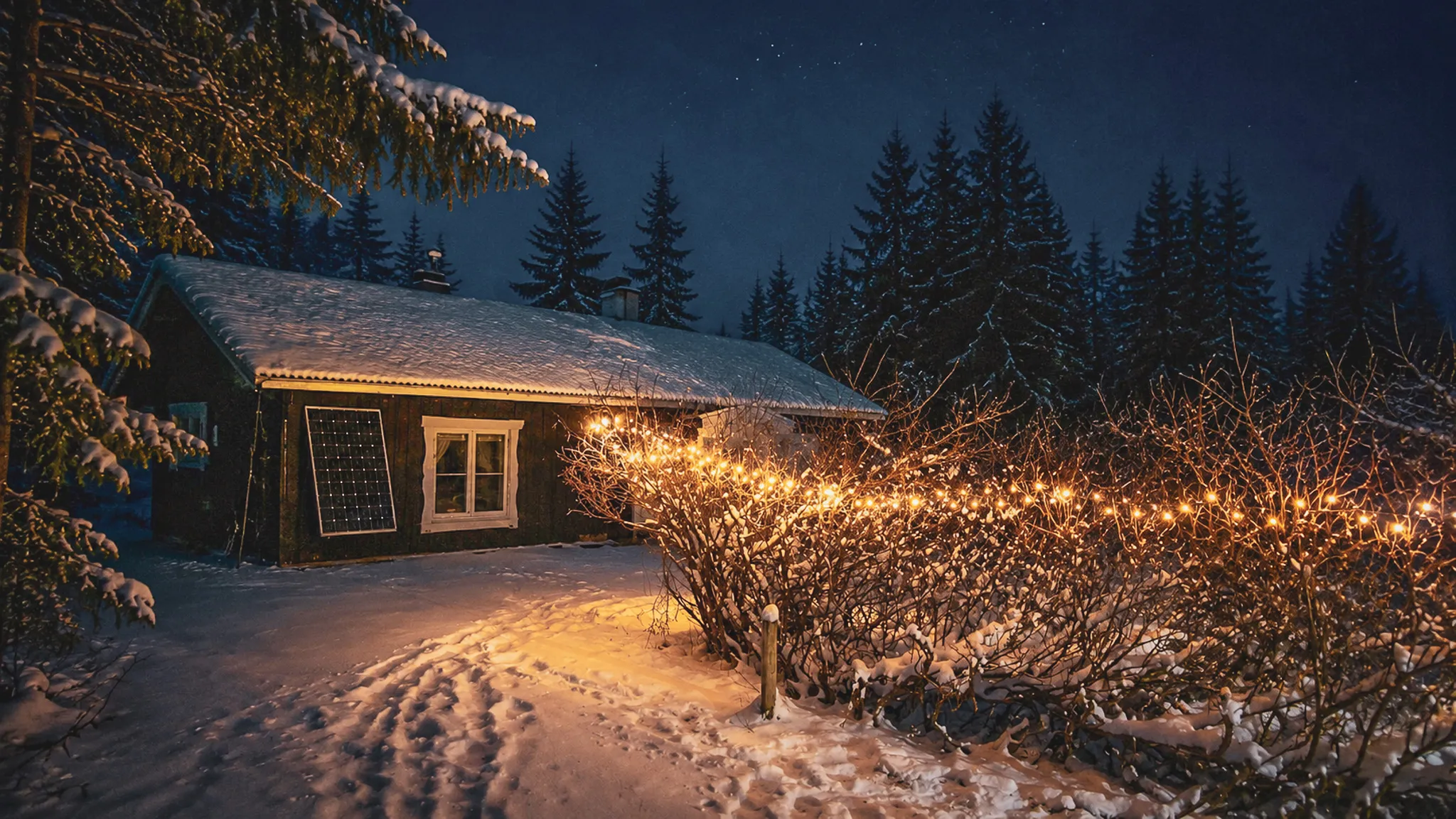A cosy, illuminated chalet surrounded by snow and fir trees under a starry sky in Lapland.