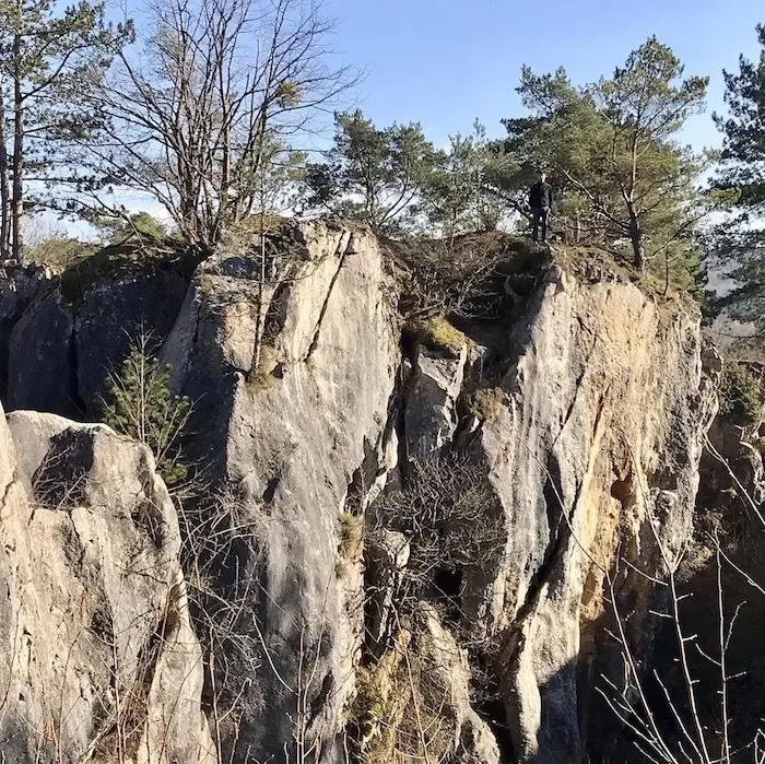 Grand espace rocheux, on peut voir en premier plan de grosse falaise de calcaire, avec des arbres plus ou moins démunie de leurs feuilles. Idéal pour une balade en Belgique 