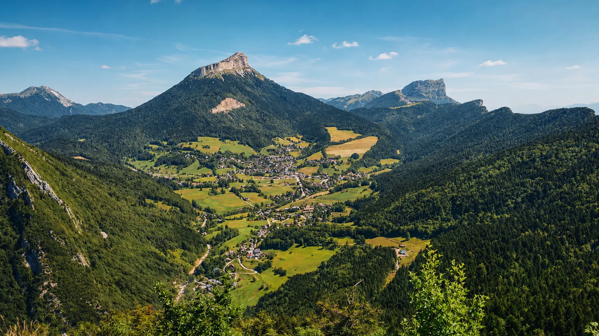 Panoramic view of the lush Chartreuse valley from a trail running path.
