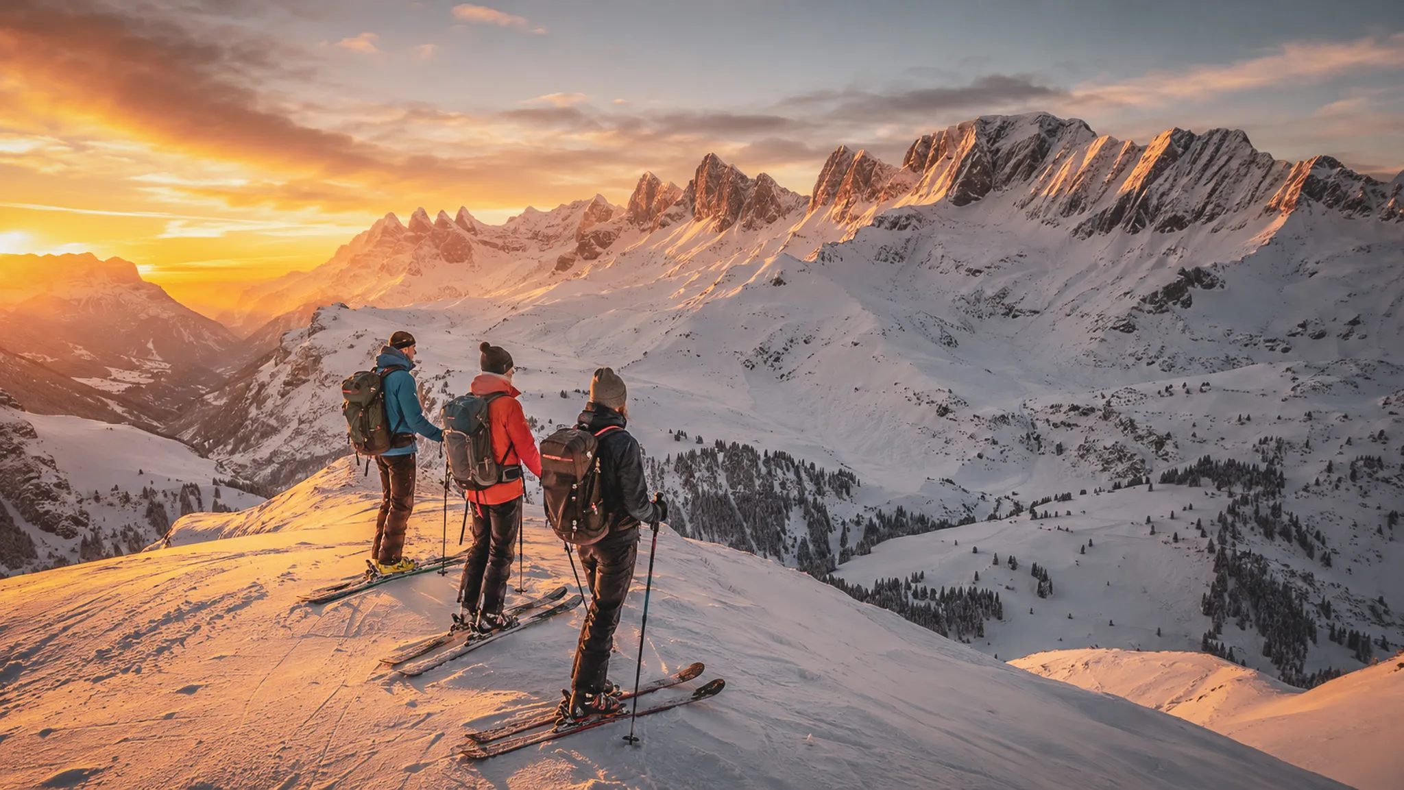 Three skiers watching the sunset over the snowy Aravis mountains